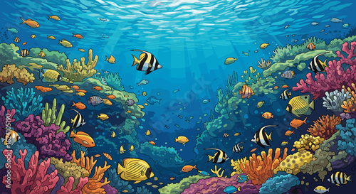 A vibrant underwater scene with coral reefs and many colorful fish swimming in the clear blue water ocean