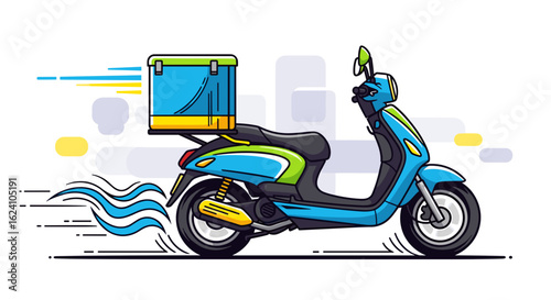 Illustration of a blue and green delivery scooter with a box on the back speeding through the city