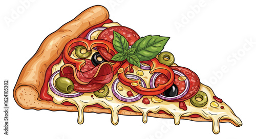 A slice of pizza topped with pepperoni, red bell peppers, olives, onion, basil, and melted cheese looks yummy