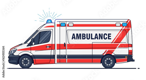 Illustration of a white and red ambulance with its siren flashing and the word ambulance on the side