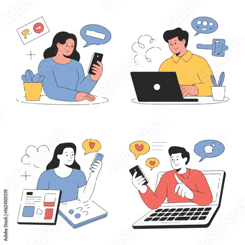 People with devices set. Female and male characters use smartphone, laptop, tablet and making phone call, surfing the internet, browsing in social media.