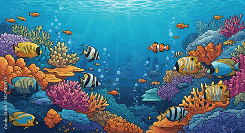 Vibrant coral reef ecosystem teeming with diverse fish species in a clear blue ocean environment