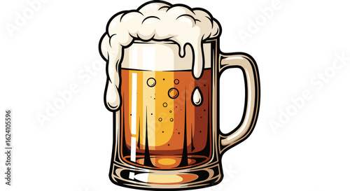 Illustration of a frothy beer mug with condensation and bubbles on a white background isolated shot