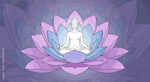 Woman meditating in lotus position inside a large lotus flower with purple and blue petals art