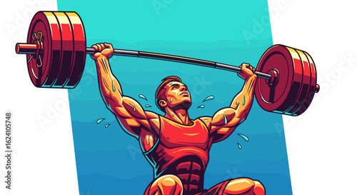 Illustration of a muscular man lifting a barbell overhead with a determined expression and sweat droplets