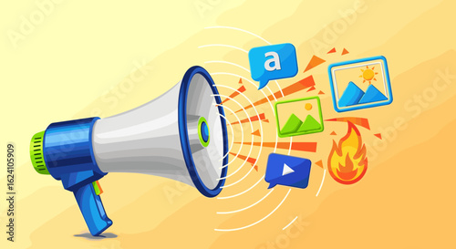 Megaphone broadcasting icons of message letter image landscape video and fire on an orange background