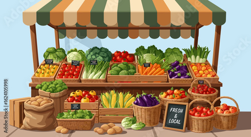 Vegetable stand with a variety of fresh produce displayed under a striped awning at a local market