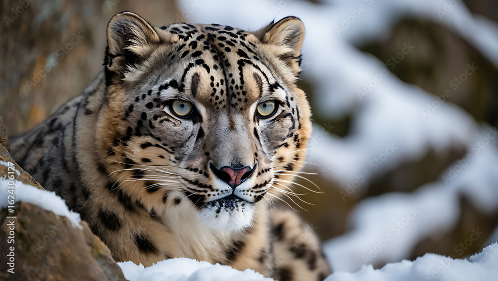 Obraz premium Majestic snow leopard portrait in snowy mountain habitat with intense gaze and spotted fur detail
