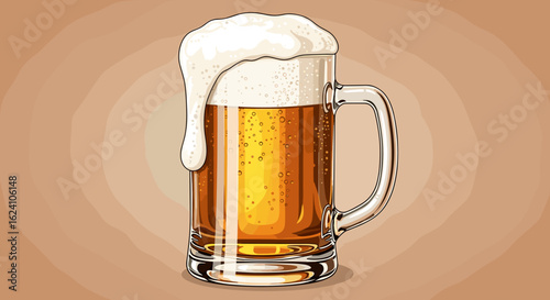 A pint of beer with a large head of foam overflowing down the side of the glass on a brown background