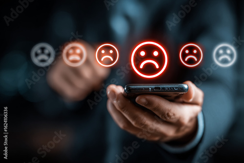 Man selects sad face on phone. Customer experience, survey, user feedback, design, social media.