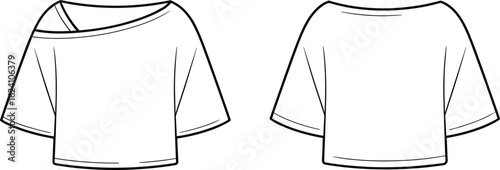 V-neck t-shirt front and back view, short sleeve fashion sketch, garment technical drawing, apparel template, clothing outline, stitching detail, minimal design layout.