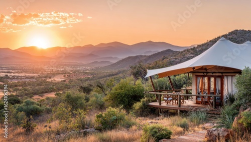 Sunrise over African safari camp