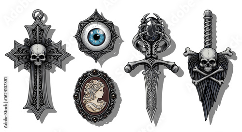 Gothic jewelry set skull cross cameo eye dagger wings pendants charms vector design illustration