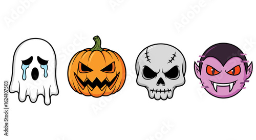 Halloween characters vector illustration of ghost pumpkin skull and vampire spooky season party design