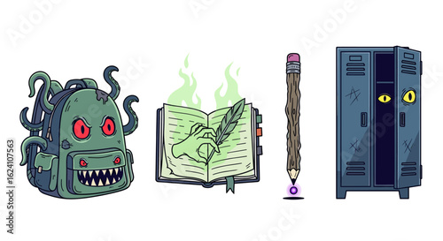 Spooky school supplies vector illustration with monster backpack book pencil and locker creepy design