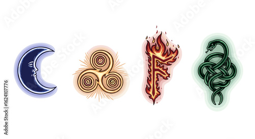 Celtic symbols illustration set moon triskelion rune snake spiritual pagan wicca witchcraft elements art design