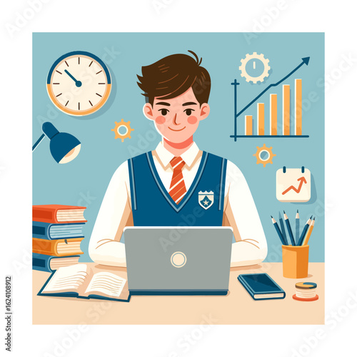 Flat Vector Illustration of Ambitious Male Student Using Laptop – Modern Education and Study Concept