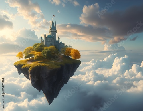 A majestic fantasy castle standing on a floating island, surrounded by glowing clouds at sunset. Dreamlike atmosphere with surreal architecture