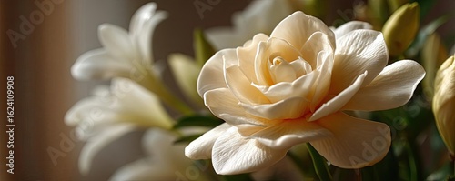 Lily gardenia by flower crown concept. A beautiful cream rose with soft petals in natural light.