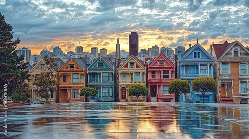 Colorful Victorian Houses with City Skyline at Sunset Reflections