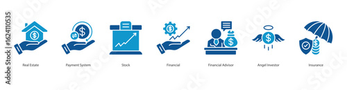 Financial Assets banner web icon set vector illustration concept with icon of real estate, payment system, stock, financial, financial advisor, angel investor, insurance