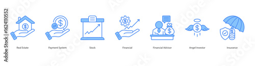 Financial Assets banner web icon set vector illustration concept with icon of real estate, payment system, stock, financial, financial advisor, angel investor, insurance