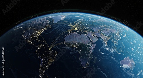 Earth from space showing city lights and global connections network