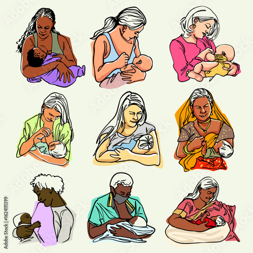 Colorful vector illustration of mothers from various cultures breastfeeding their babies, created to celebrate World Breastfeeding Week 2025