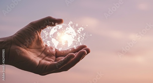 Hand holding globe with currency symbols representing global finance