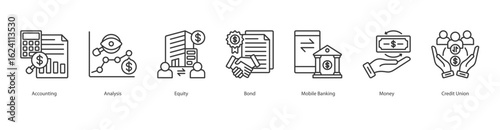 Financial Structure banner web icon set vector illustration concept with icon of accounting, analysis, equity, bond, mobile banking, money, credit union