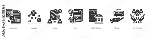 Financial Structure banner web icon set vector illustration concept with icon of accounting, analysis, equity, bond, mobile banking, money, credit union