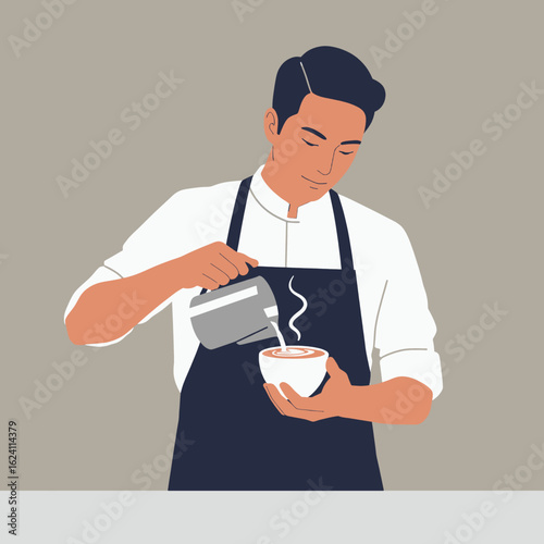 Skilled male barista in a white shirt and dark apron carefully pouring milk to create latte art in a cup.