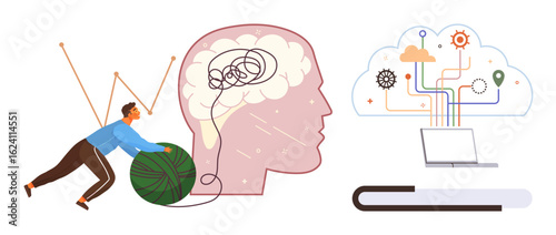 Man untangling yarn near brain outline, symbols of technology, learning, and connectivity. Ideal for education, self-improvement, mental clarity, problem-solving, technology creativity simple flat
