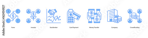 Investment Network banner web icon set vector illustration concept with icon of forex, investor, stockbroker, card payment, money transfer, company, crowdfunding