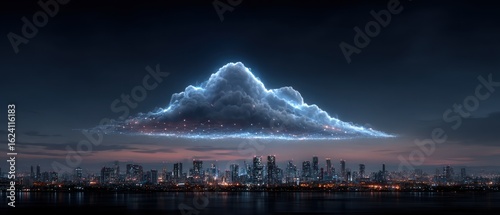 Futuristic city skyline under a glowing cloud