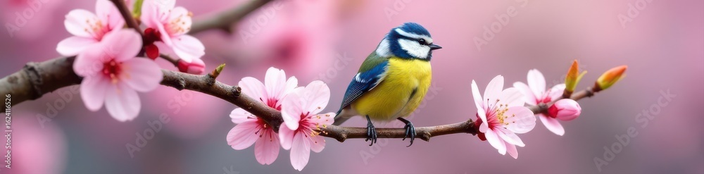 Naklejka premium Blue tit perched on delicate pink cherry blossom branch, cute, floral