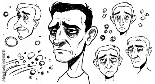 Monochrome hand-drawn collection of fatigued male faces, illustrating weariness and emotional distress with drooping features, dark under-eye circles, and abstract elements.