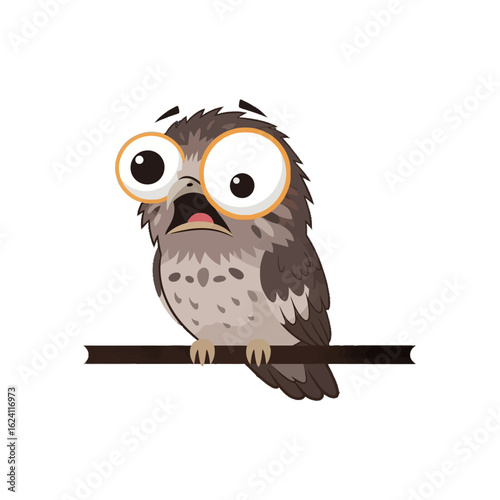 A cartoon owl with large, startled eyes perched on a branch, looking surprised.