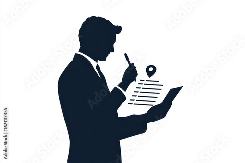 Man in blazer reviewing task list icon vector illustration isoleted on white background in black silhouette complex photo .