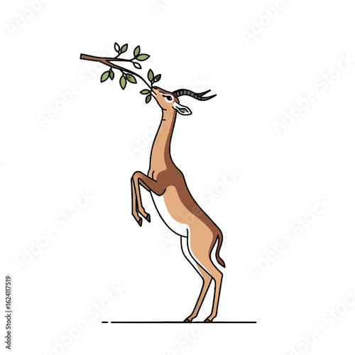 A gazelle stands on hind legs, reaching up to eat leaves from a tree branch.