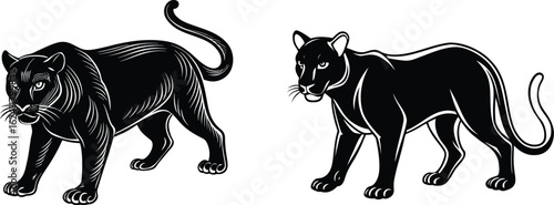"Stylized Panther Illustrations in Motion: Silhouettes and Detailed Forms"