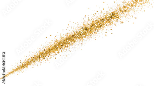 A stream of golden glitter particles and dust, fading from dense to sparse, diagonally across a white background.