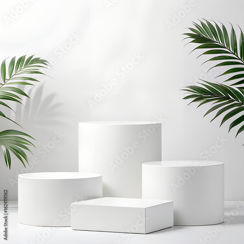 Set of white realistic 3D cylinder stand or podium with spotlight and shadow in round shape. Abstract minimal scene for mockup products display. Stage showcase. 