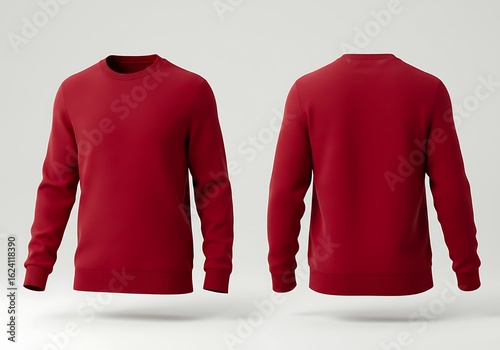 A plain red crew neck sweatshirt mockup shown from the front and back view, a blank fleece template for apparel design and branding.