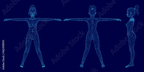 A 3D wireframe of a naked girl with outstretched arms, composed of intricate geometric shapes and lines. The design stands out against a smooth blue background, showcasing digital artistry.