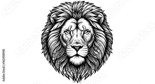 Detailed black and white line drawing of a majestic lion's head, showcasing intricate mane and facial features.