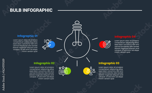 bulb creative idea solution infographic process diagram with center position with half circle structure on bottom with dark background bright outline style 4 points