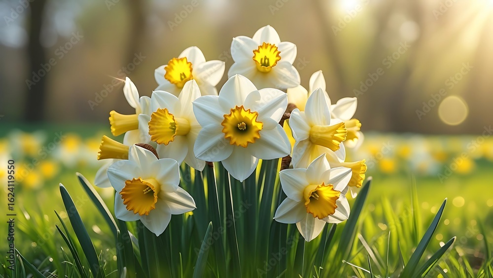 Fototapeta premium Close up of white and yellow daffodils blooming in a sunlit grassy field narcissus flower