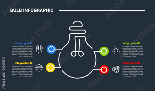 bulb creative idea solution infographic process diagram with bulb line with circle pointer edge with dark background bright outline style 4 points