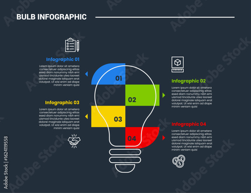 bulb creative idea solution infographic process diagram with bulb and rectangle box opposite direction stacked list with dark background bright outline style 4 points
